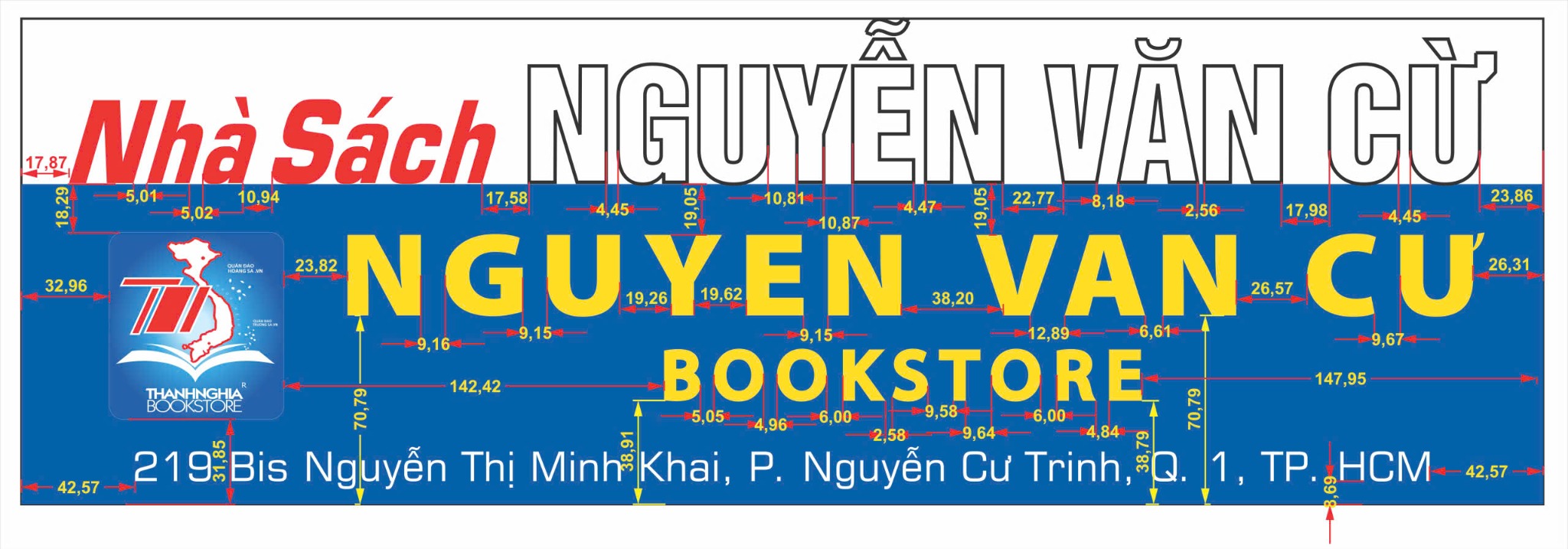 Bản vẽ kích thước bảng hiệu Nhà sách Nguyễn Văn Cừ do Liên Phát thực hiện