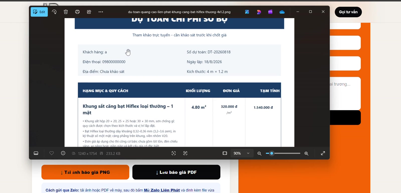 Bản dự toán chi phí được xuất ra để lưu và gửi khách hàng
